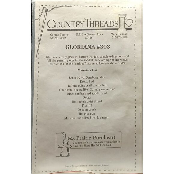 Gloriana #303 Country Threads Doll Pattern For 25" Doll with Dress & Accessories - Picture 2 of 2